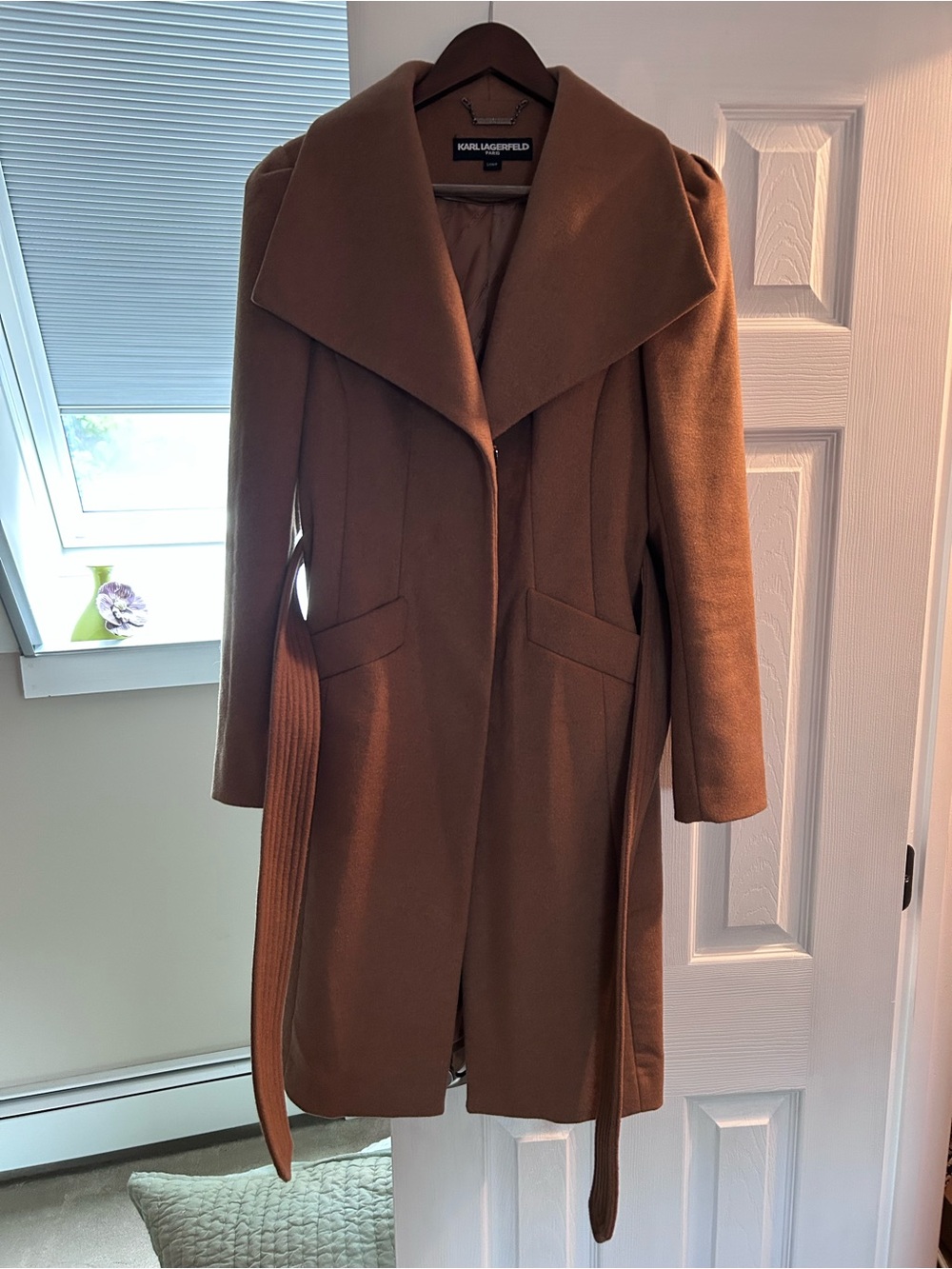 Karl Lagerfeld Camel Brown Wool Blend Long Pea Coat